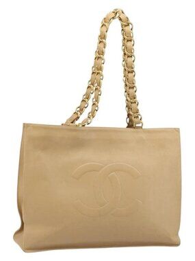 CHANEL Tote Bag Leather Beige Gold CC Auth bs32770